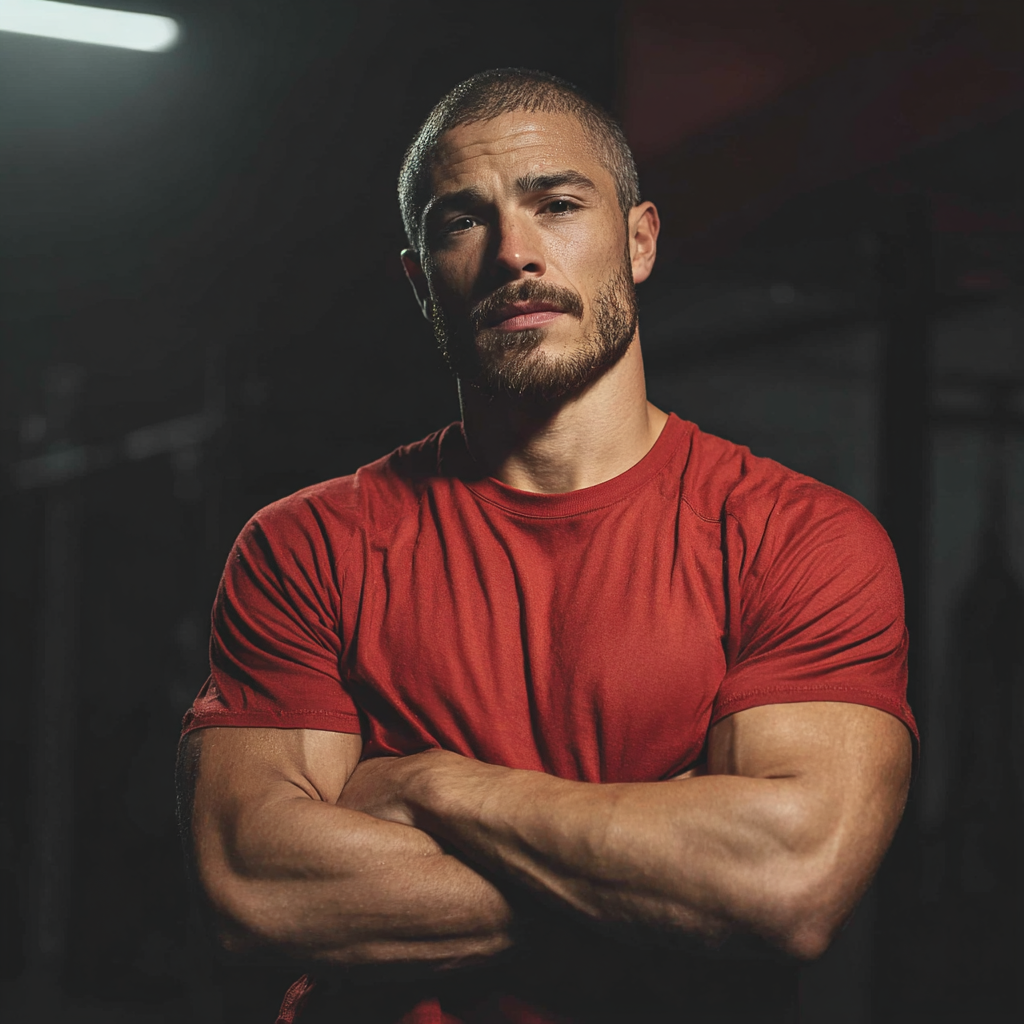 Confident athletic man in gym setting with determined expression, representing personal transformation and mental strength