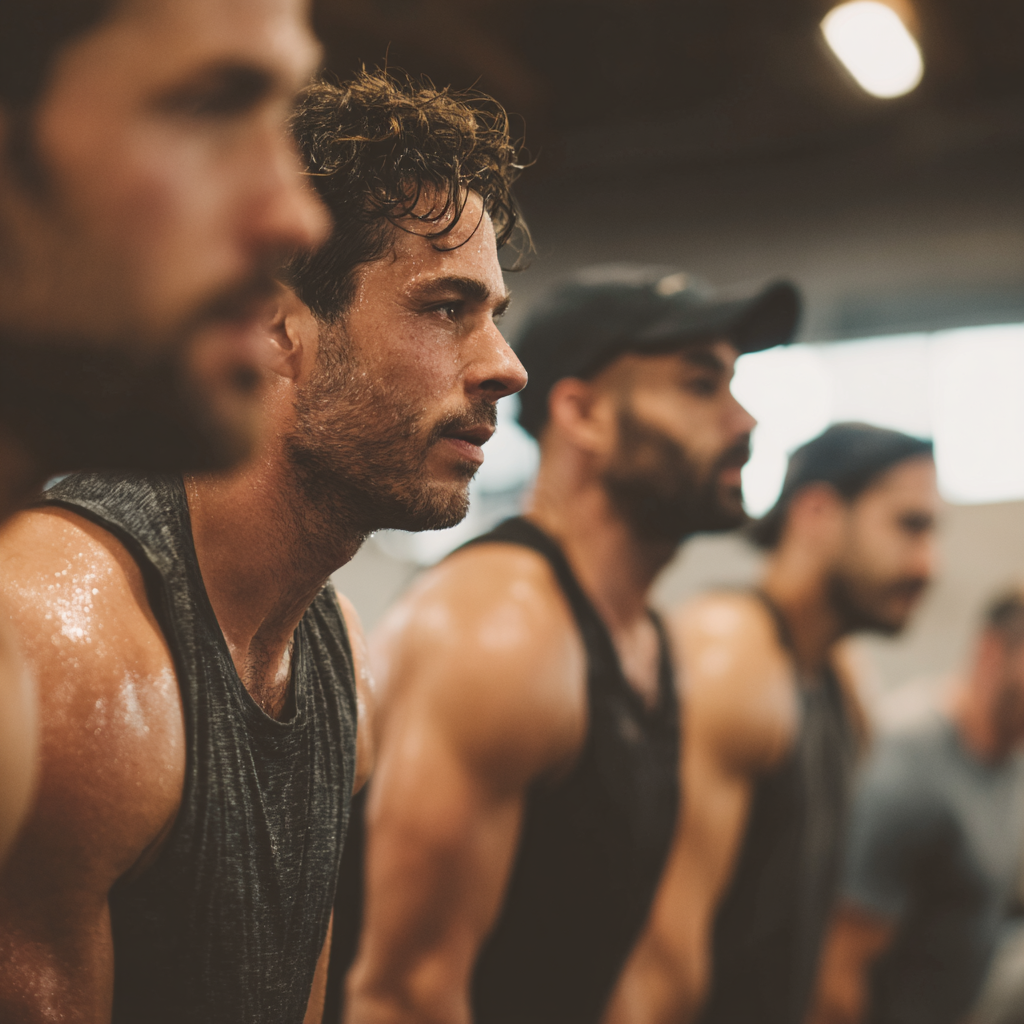 Group of motivated men in training environment showing teamwork and determination during workout session