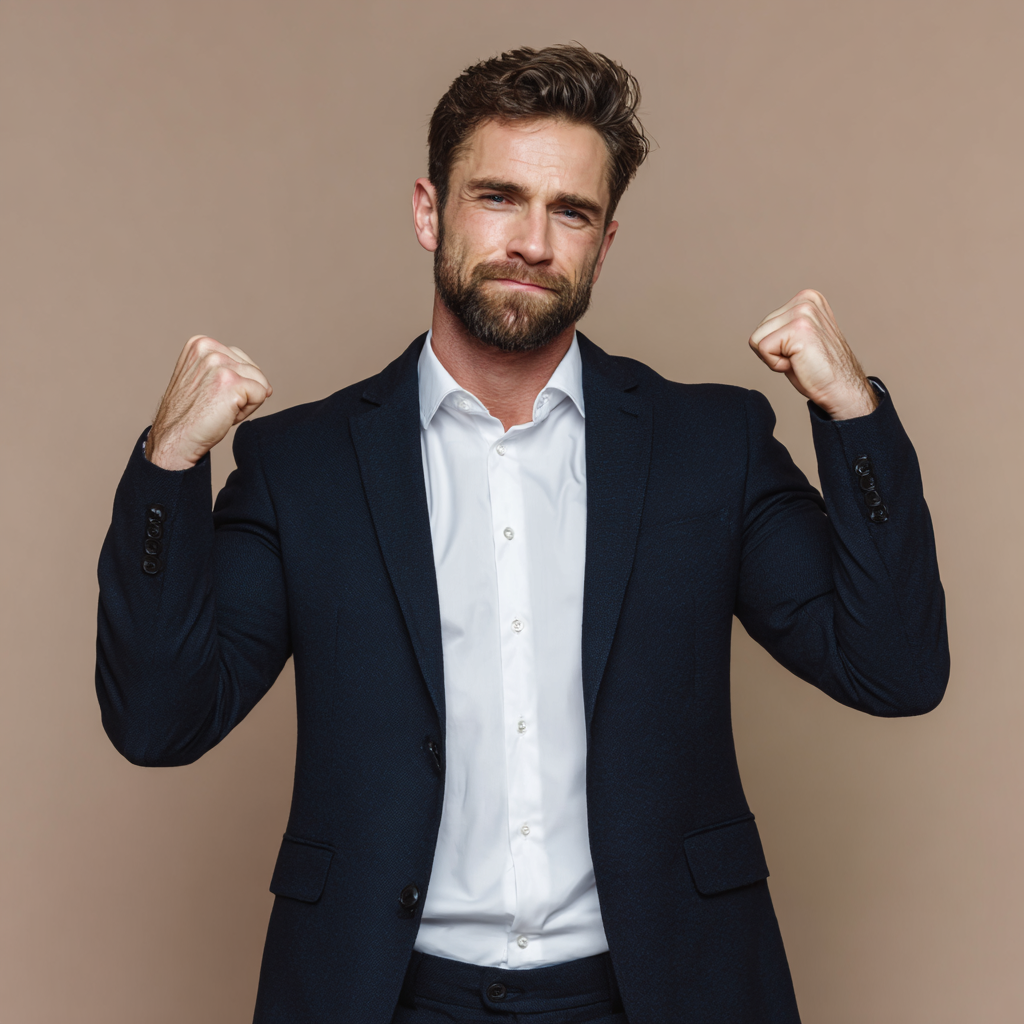 Successful businessman in athletic wear showing confidence and achievement after personal development transformation